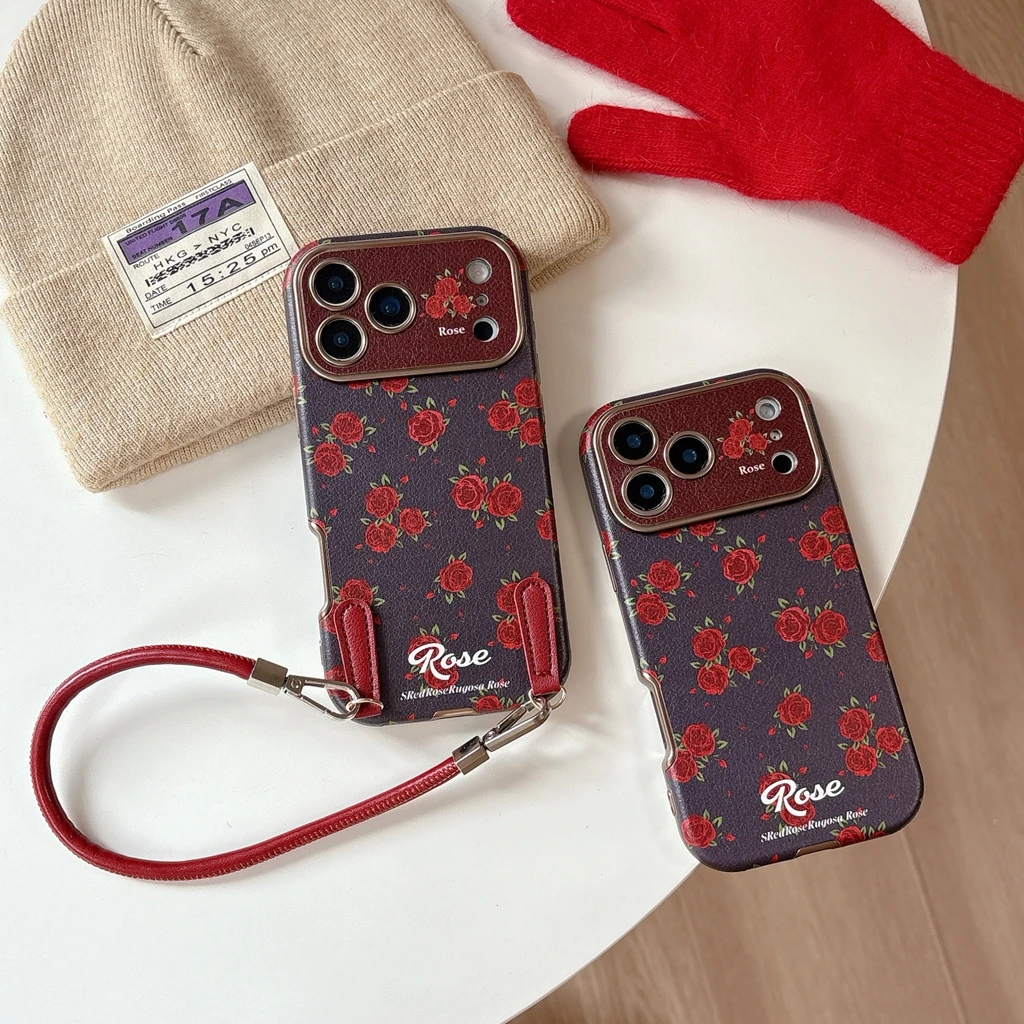 Retro Oil Painting Red Rose Artificial Leather With Lanyard Shock Proof Phone Cover Case for iPhone 17 16 15 14 Pro Max view 2
