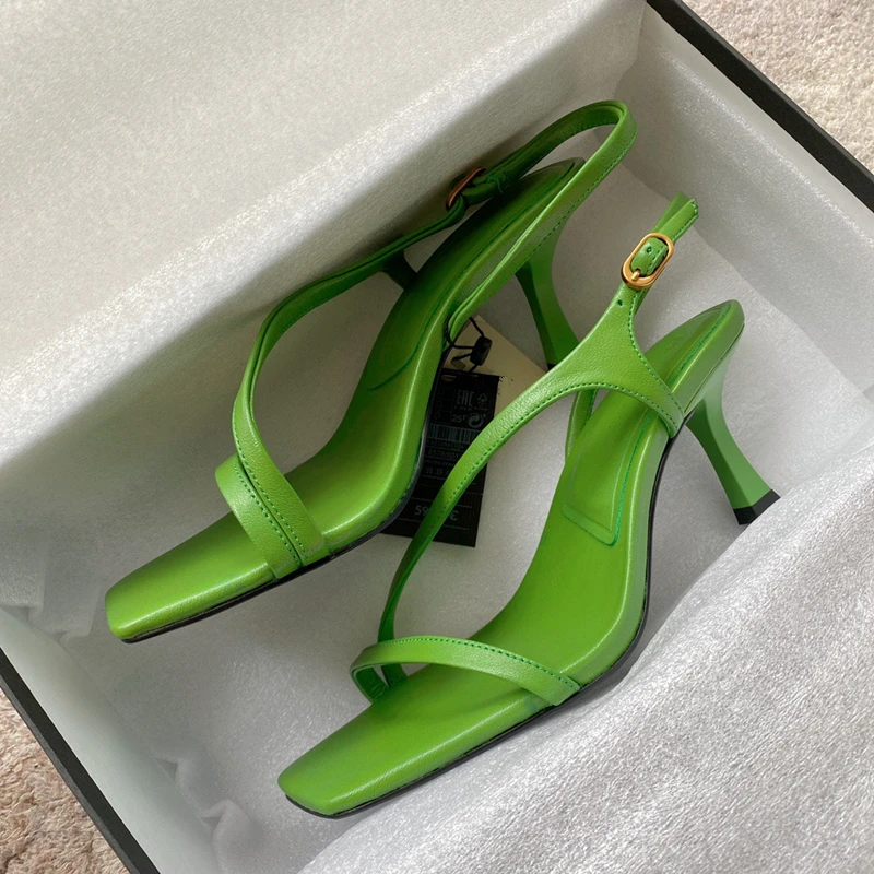 Dave&Di Ins Fashion Blogger Green Retro Stiletto Sandals Women Genuine Leather Casual Office Lady High Heel Shoes For Summe
