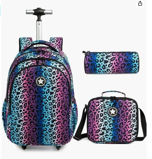 Jasminestar Rolling Backpack for Girls 18inch Rolling Bag with Lunch Bag  Pencil Case School Wheeled Bookbags for Boys and Girls