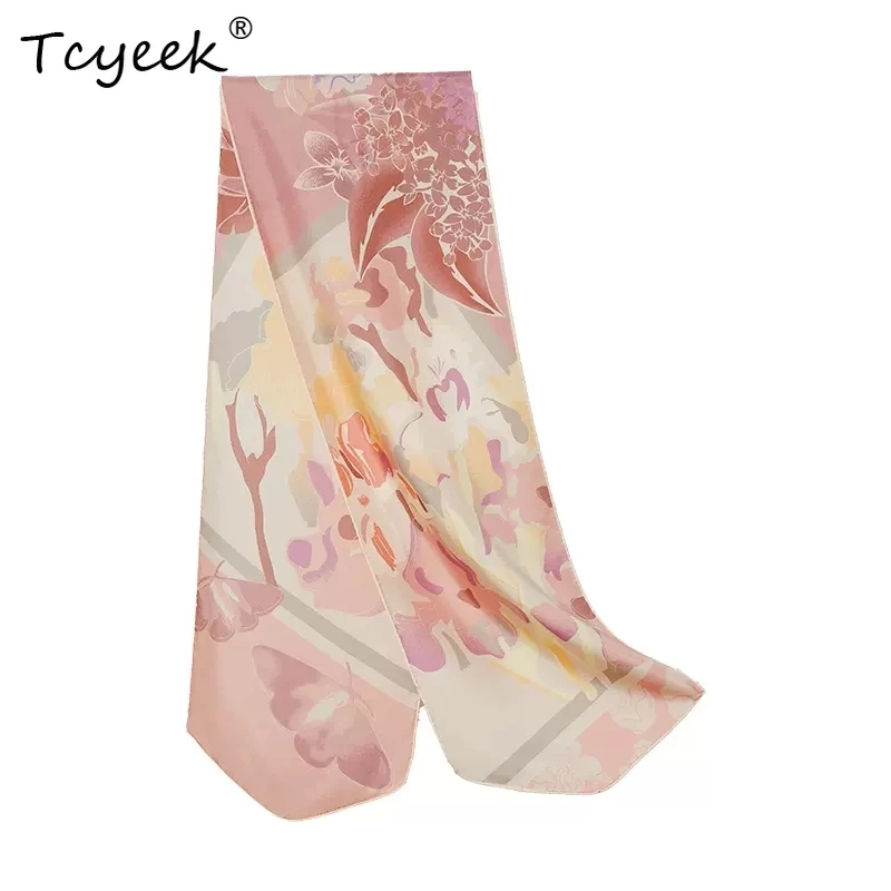 

Tcyeek, 6A 100%Mulberry Slik Elegant Long Scarf, Women Flower Print, Gifts French Original Design Scarf, 2024 Summer A46264QC