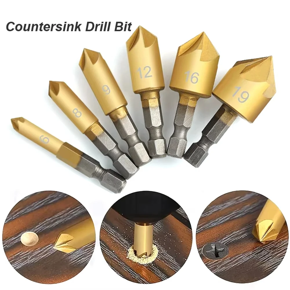 6Pcs Countersink Drill Bit Set 1/4'' Hex Shank HSS 5 Flute Countersink  Chamfering Cutter Chamfer Woodworking Tools 6mm-19mm