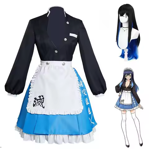 In Stock Hashibira Inosuke Agatsuma Zenitsu Cosplay Female Anime Maid Dress Wig Halloween Party Outfits for Women