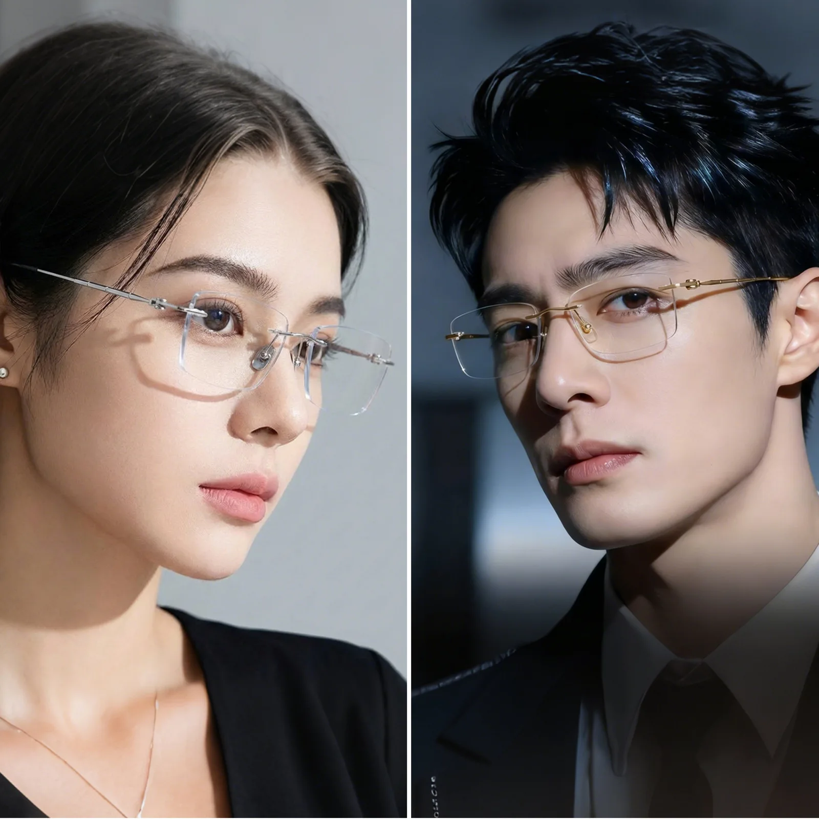 

Ladies Mens Pure Titanium Square Rimless Eyeglass Flexible Temple High Quality Screwless Bamboo-Patterned Bezel-Less Design