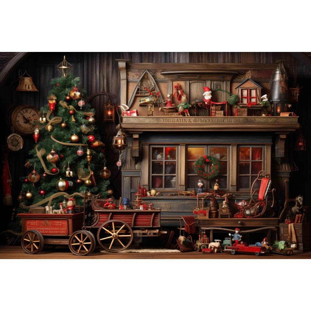 Christmas Backdrop for Photography Rustic Wood House Xmas Tree Gifts Santa Claus Warehouse Kids Portrait Background Photo Studio