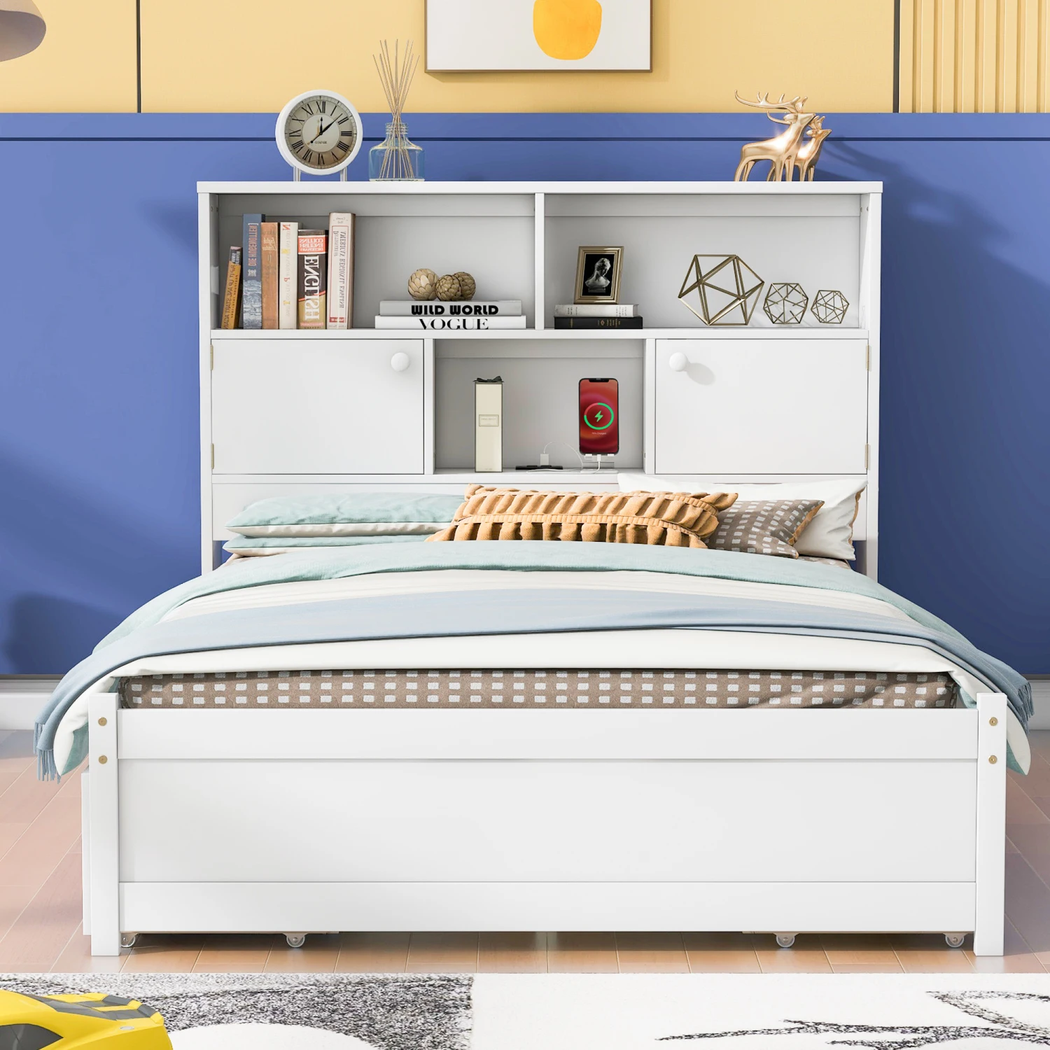 Full Size Platform Bed with Storage Headboard, Charging Station, 4 Drawers - White