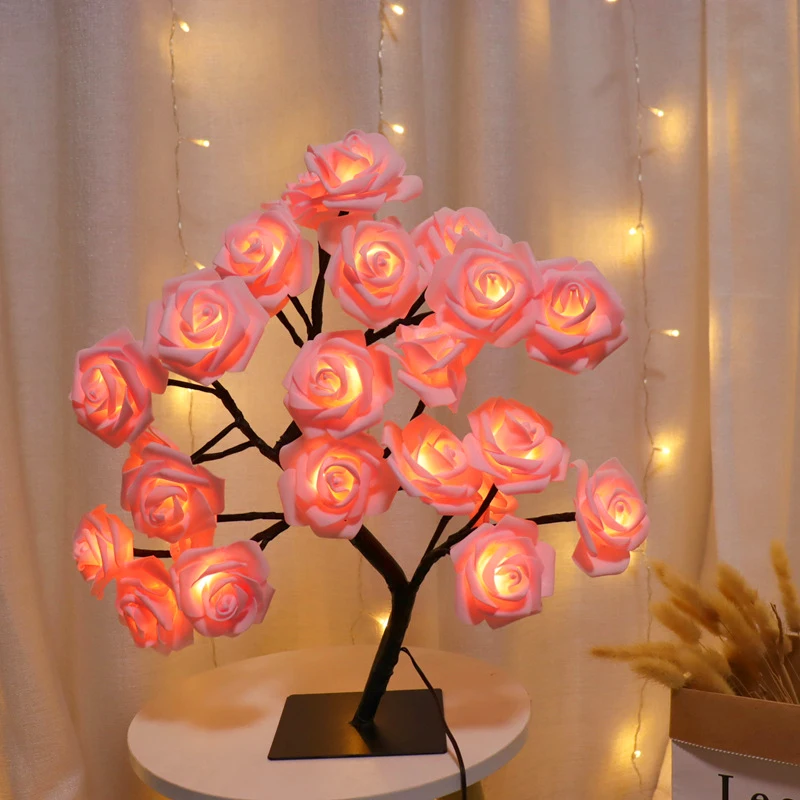 Luz de noche de árbol de flores rosas, 24 luces LED alimentadas por USB, decoración del hogar, fiestas al aire libre, regalo de bodas