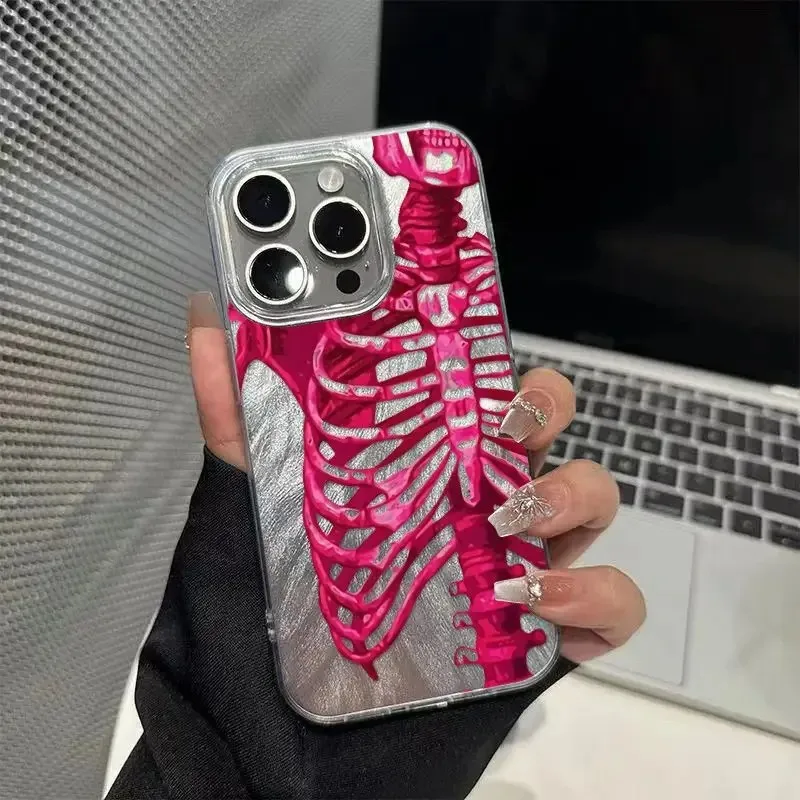 Pink Purple Skull Feather Gauze Phone Case For iPhone 16 17 15 14 11 13 12 Pro Max 17 Air 7 8 16 Plus Shockproof Hard Cover - náhled 4