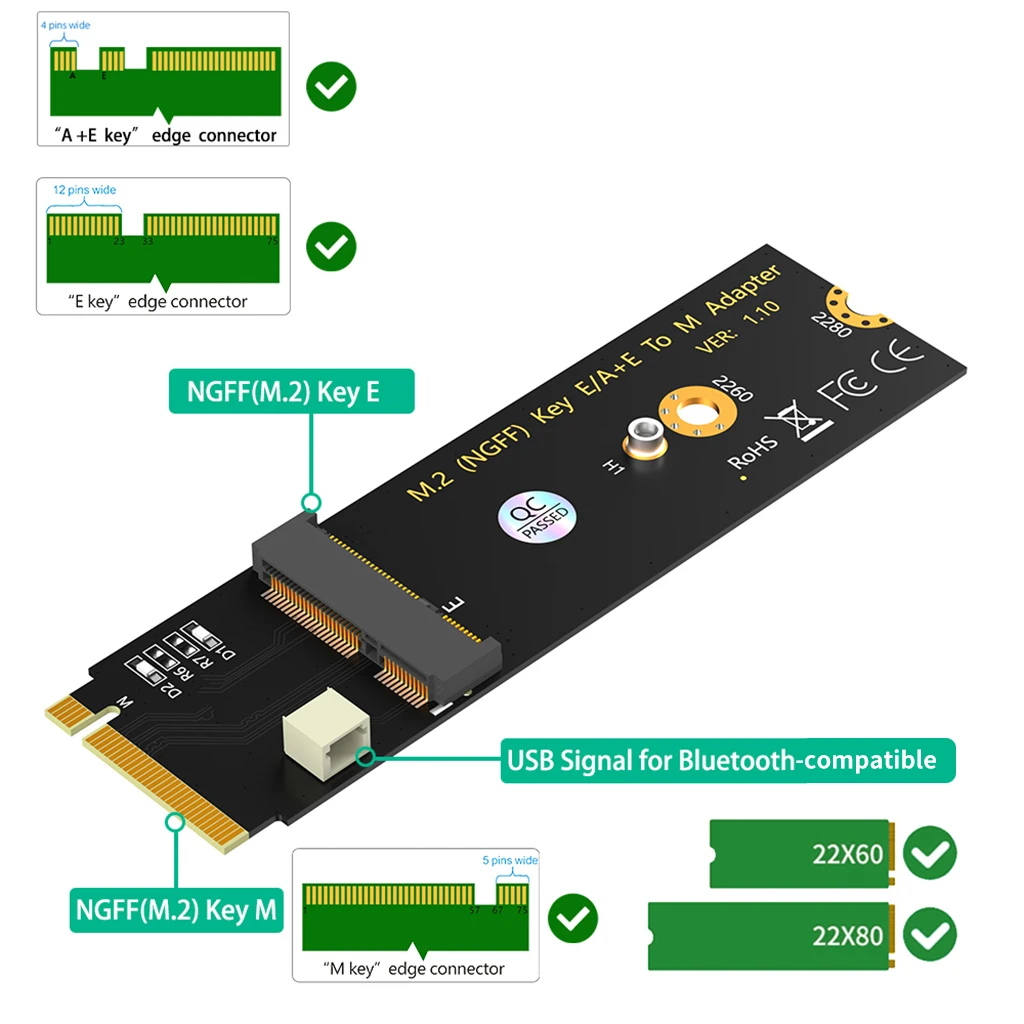 for NGFF M.2 A/A+E Key Slot to M.2 M Key PCIe PCI-Express WiFi/Bluetooth-compatible Card Adapter Wireless Card M.2 SSD Converter