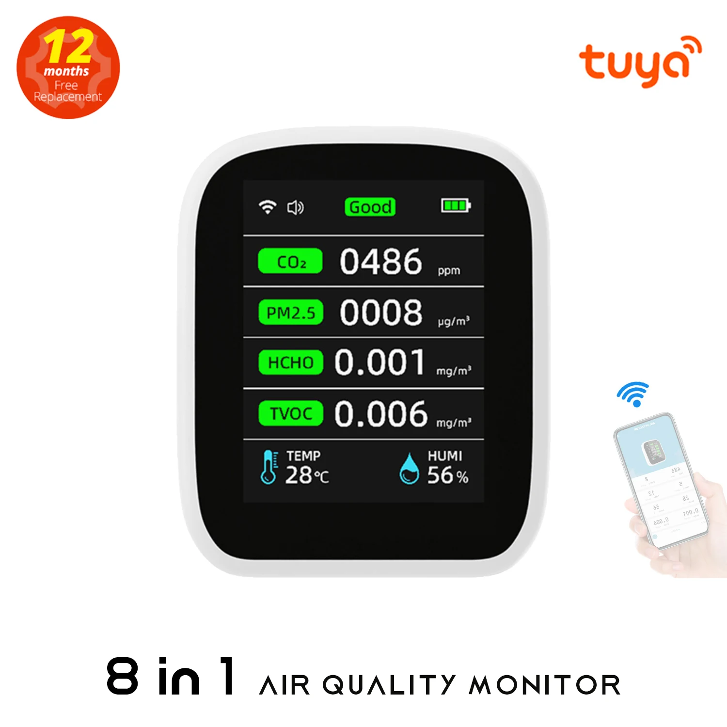 Misuratore di qualità dell'aria Tuya Wifi, Monitor di qualità dell'aria per interni 8 in 1 Monitor portatile di CO2 Tester di temperatura e umidità
