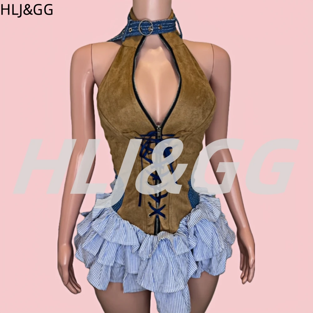 HLJ&GG Trendy Women Patchwork Plaid Mini Dress Women Halter Sleeveless Bandage Ruffle Vestidos Y2K Fashion Retro American Street