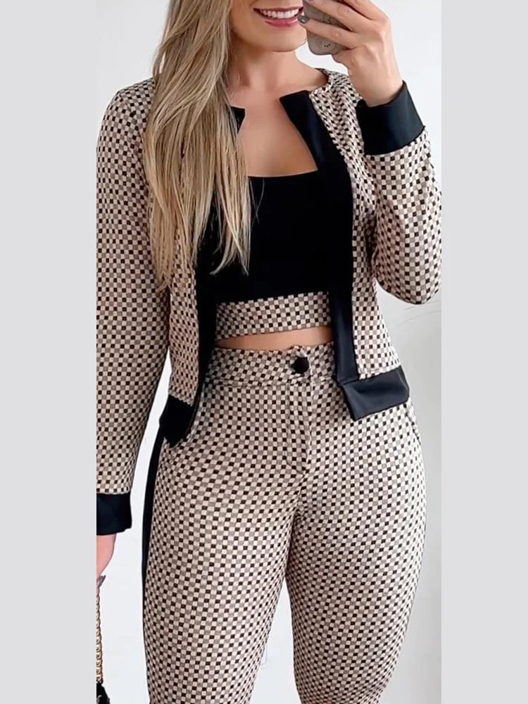 Casual Two-piece Sets Women Tracksuits 2PCS Outfit Plaid Print Contrast Paneled Coat & Skinny Pants Set Long Trouser Set