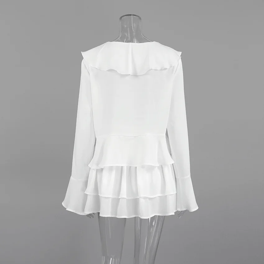 French Vintage White Chiffon 2 Piece Set Women Summer Sexy Ruffle V-Neck Tie Front Top Layer Skirt Set Elegant Boho Beach Outfit view 5