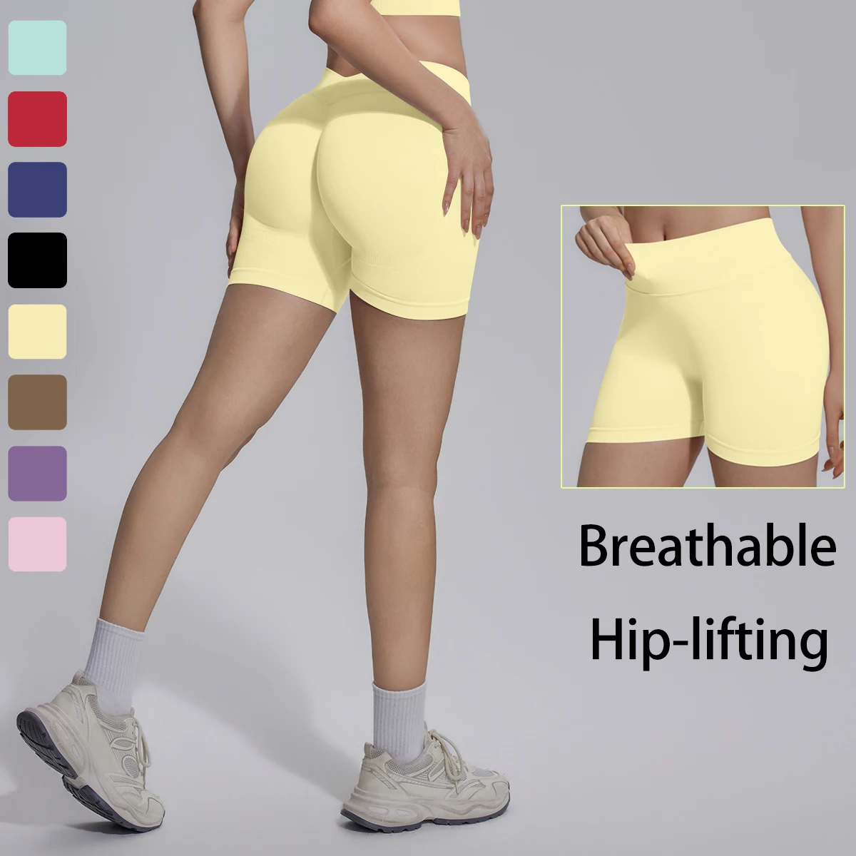Summer Solid Color Seamless Quick-Dry Fitness Shorts Hip Push Up Breathable Sports Yoga Shorts for Woman V Waist Leggings