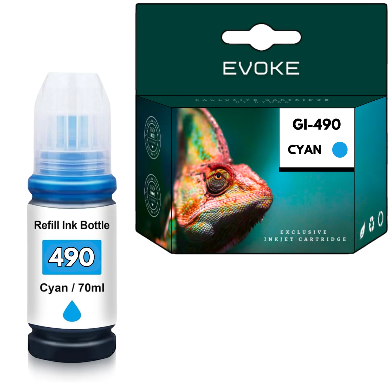 Evoke Compatibele Inkt voor Canon Gi-490C Gi490C Gi-490 Gi490 Cyaan 70 ml 7000 Pagina's Pixma G1400 G1411 G2400 G2411 G3400 G3411