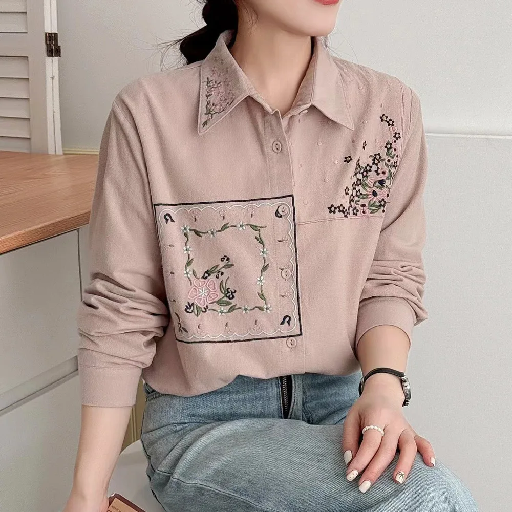 [즉시 배송] 고품질 여성용 100% 면사 블라우스 셔츠 봄 신상 자수 꽃무늬 다용도 긴팔 탑