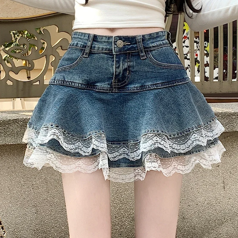 Y2k Retro Lace Trim Denim Cake Skirt Women Hight Waist A Line Mini Skirt Female Korean Fashion Casual Streetwear Pleated Skirt