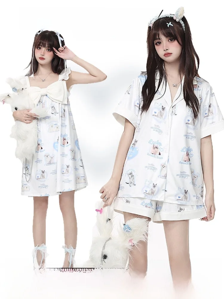 CRAZYGIRL Original Spring Summer Skin-friendly Comfortable Sleepwear Set Sweet Cute Style Short Sleeve V-neck Home Clothes