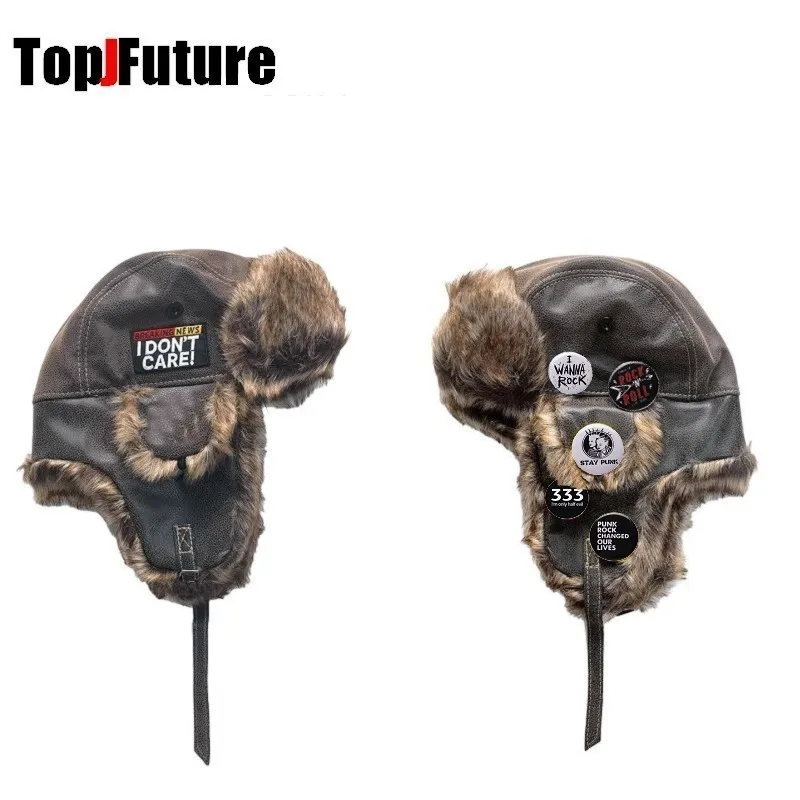 Women Harajuku Gothic Wholesale Make Personality Customized Autumn Winter Pilot Hat Cap Y2K Girl Steampunk PU Punk Lei Feng Hat