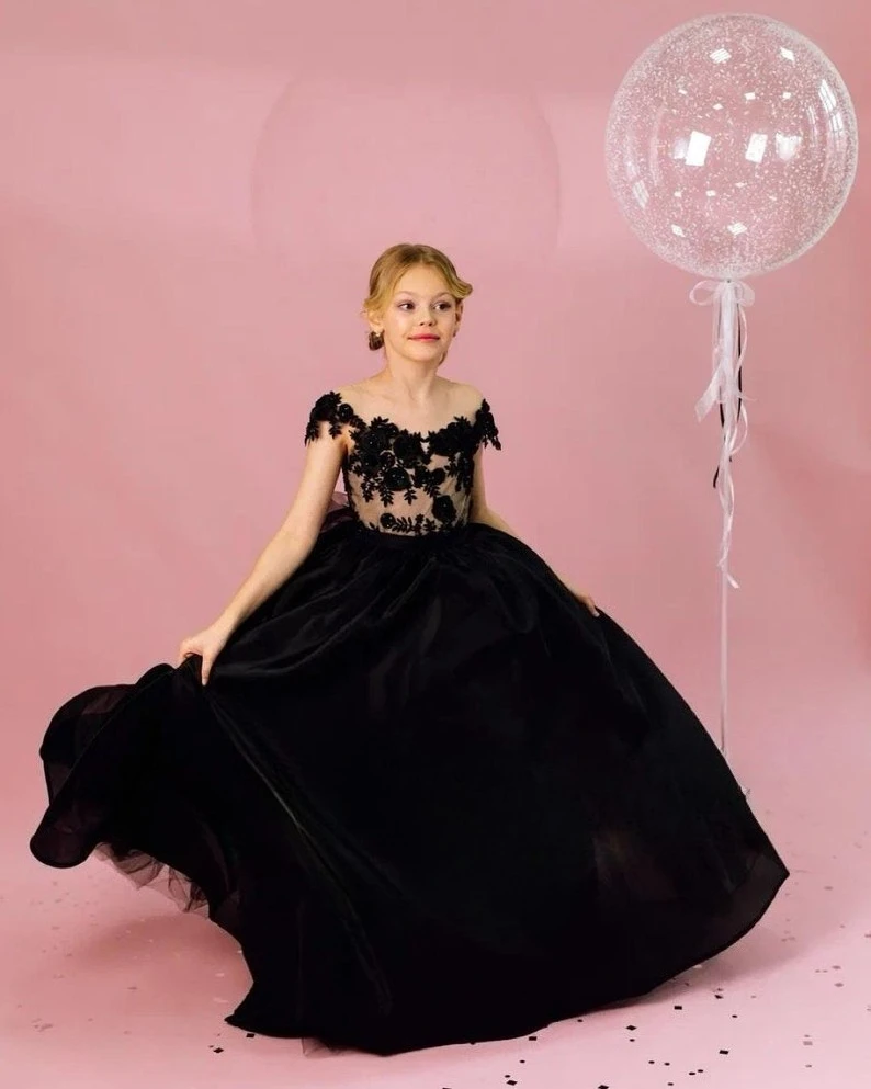 

Wedding Dress for Girls Satin Lace Toddler Junior Bridesmaid Black Party Dress Sleeveless Dress Pageant Dresses for Girls