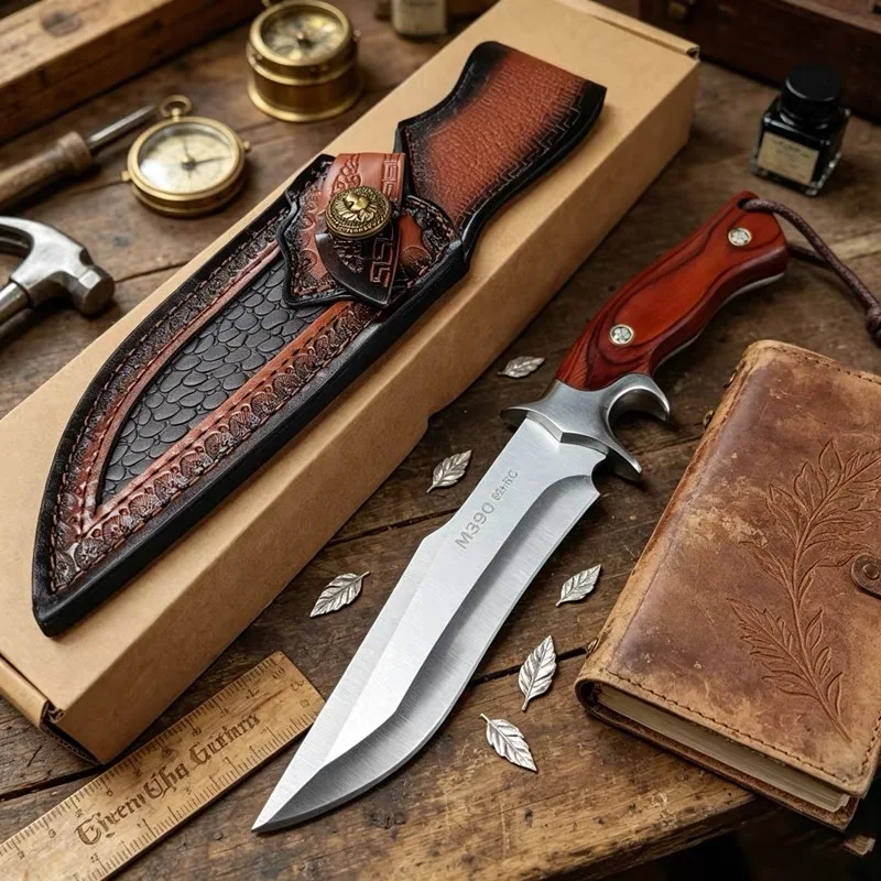 M390 Steel Outdoor Straight Knife, Wood Handle Portable Camping Survival Knife, Multifunctional EDC Collection Tool Knife With L