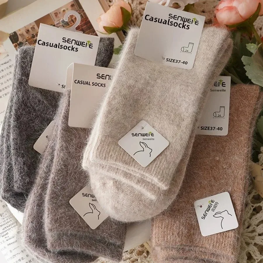 Yuan Yun Home Autumn Winter Rabbit Woolen Socks Women's Mid-Calf Ins Korean Style Thickened Warm Soft Lambswool Double-Needle