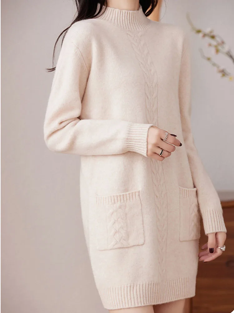 Suéter holgado grueso medio largo para mujer, Jersey de punto con cuello medio alto a la moda coreana, suéter de punto informal con parte baja holgada