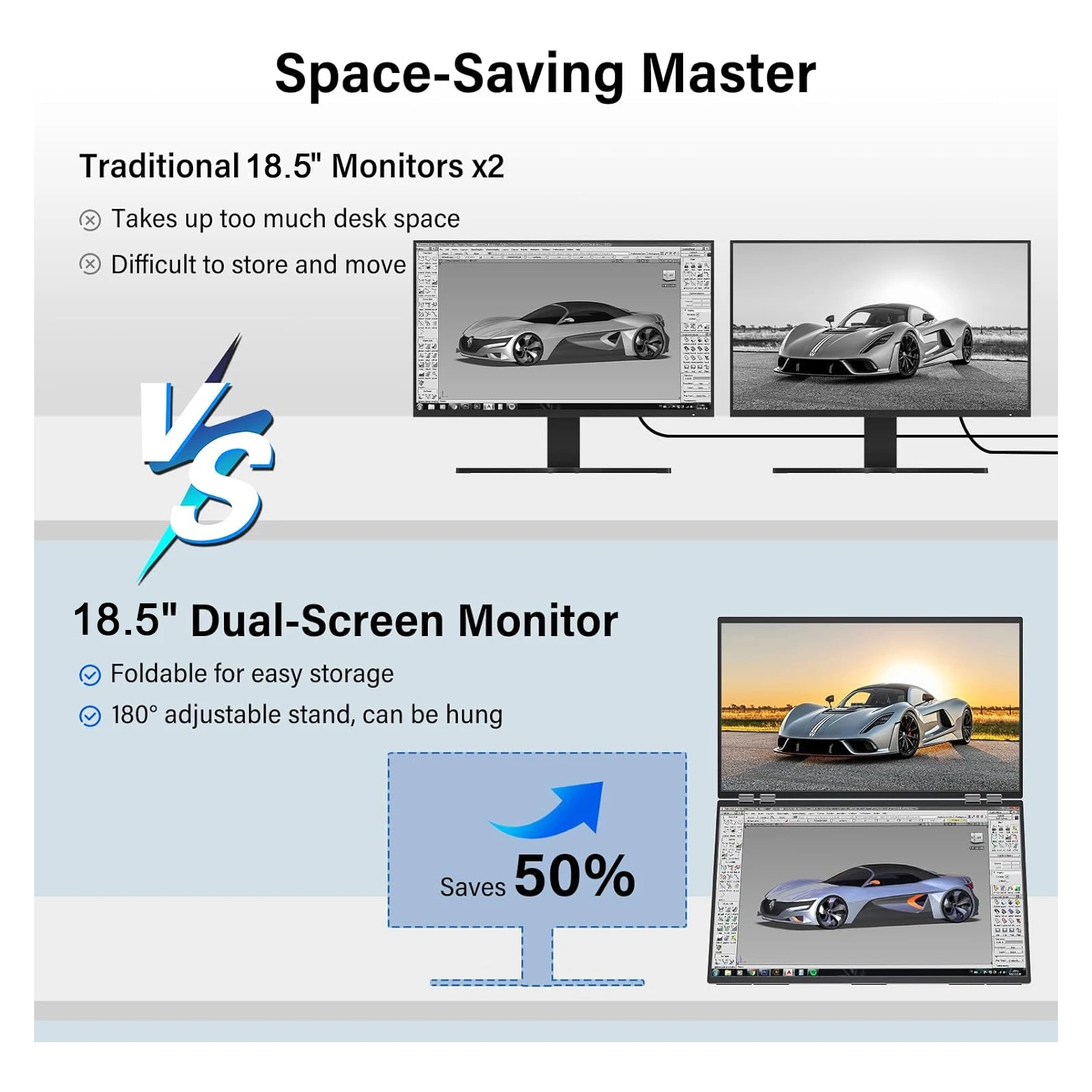 GAMINJA Monitor portatile doppio triplo da 18,5 pollici 120Hz FHD 1080P USB-C HDMI HDR Monitor ausiliario Monitor da gioco per laptop pieghevole