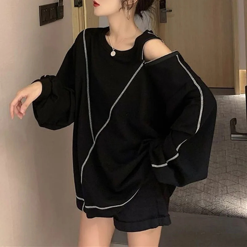 New Autumn Fashion Trend Off Shoulder Sleeves Zipper Round Neck Loose Versatile Western Style Slim Student Long Sleeve Sweater