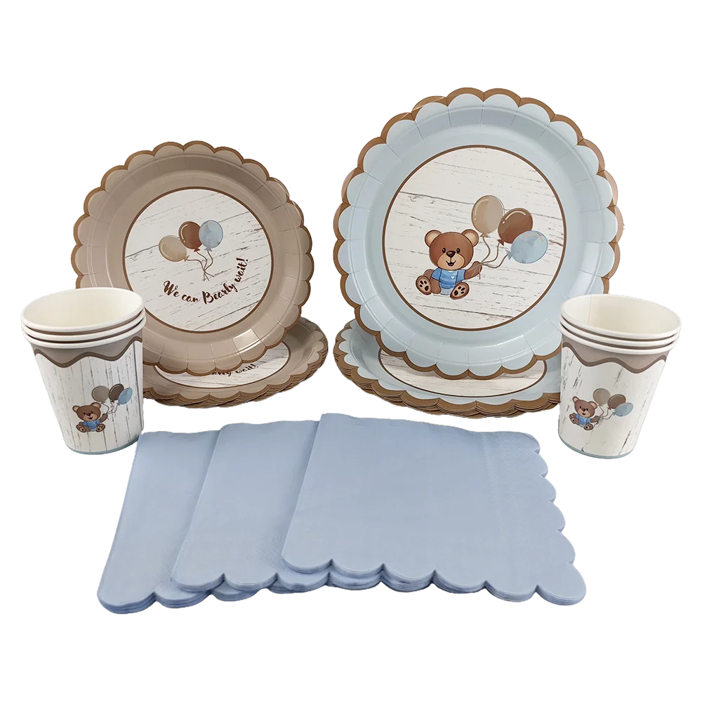 Little Bear stoviglie blu marrone piatti tazze tovaglioli grande orso bianco palloncino bambini compleanno Baby Shower Gender Reveal Decoration