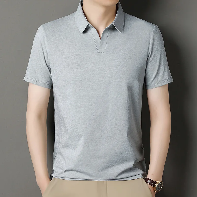 GELITAYIN Men Lapel T Shirts Short Sleeve Anti-wrinkle Soft Cool Ice Silk Solid Polo Shirt Slim Fit Breathable Thin Sport Golf T