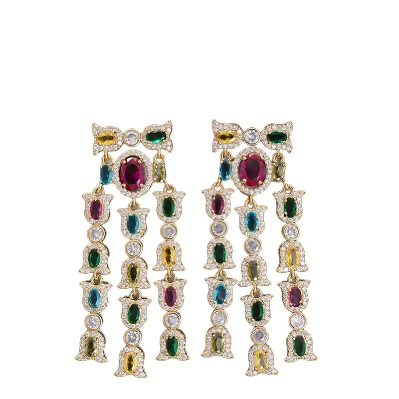 Royal multi-treasure colored stone pendant earrings light luxury high-end stud earrings court style heavy industry full of