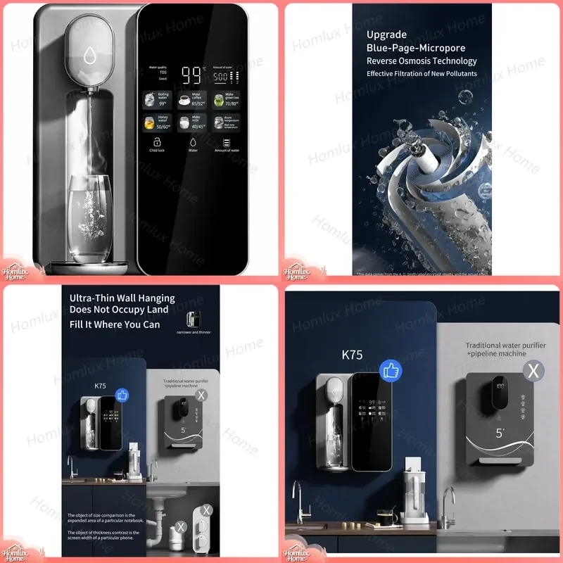 Wall Mounted RO Water Purifier with Hot Water Function Space Saving No Installation Required Removable Bottle Design for Home