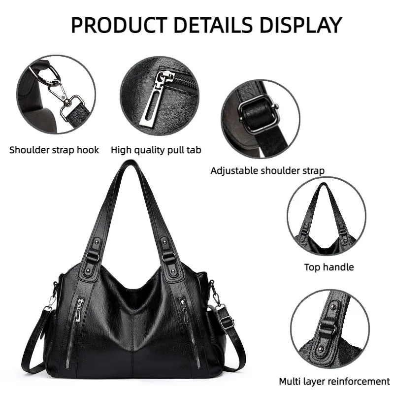 Damen Vintage PU-Leder Handtasche mit mehreren Reißverschlusstaschen, modische Schulter- und Umhängetasche für Arbeit, Alltag und Reisen – Detail 12