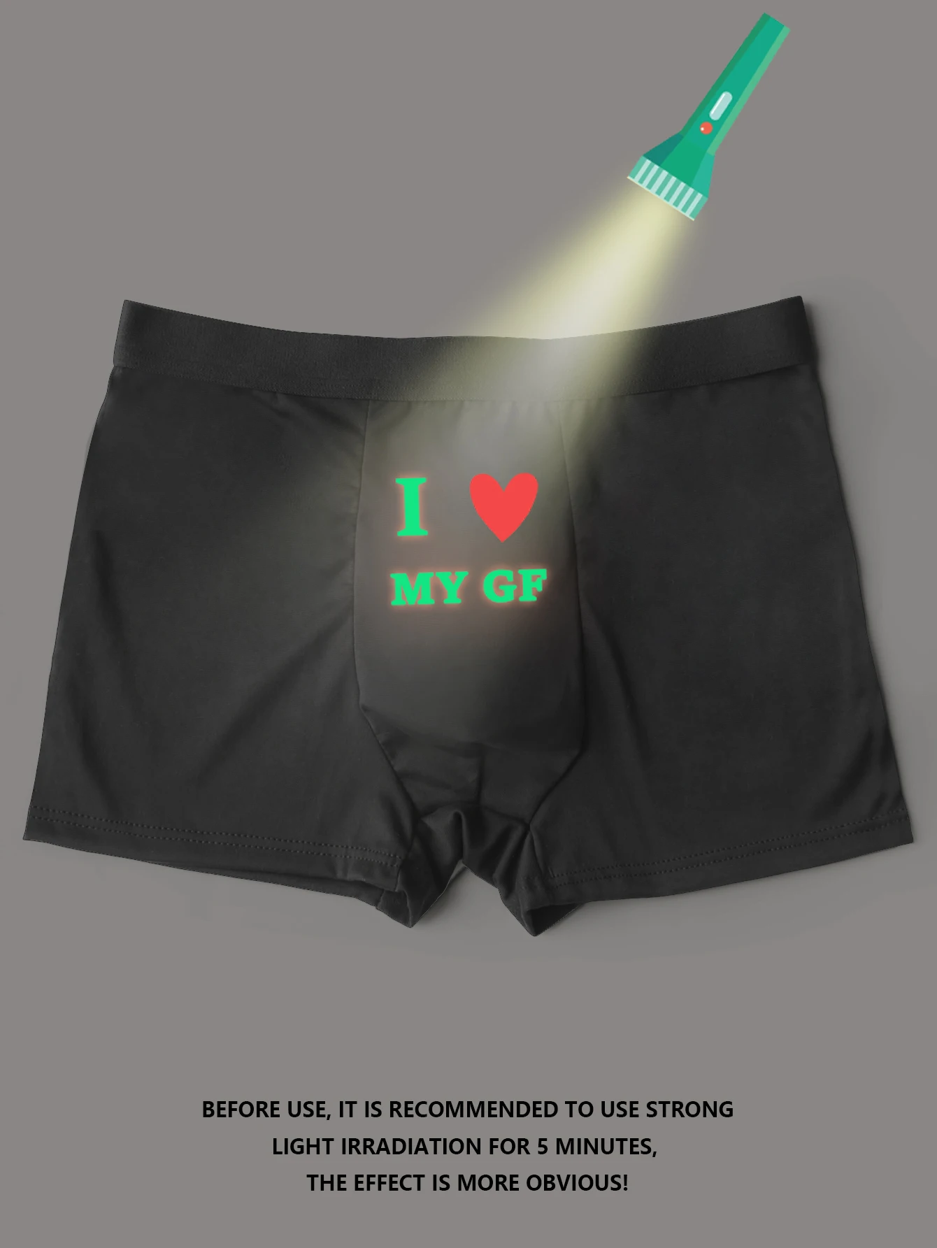 Luminous Panty for Men No Fly Boxer Brief with I love MY GF Print Underwear Glow-in-the-dark