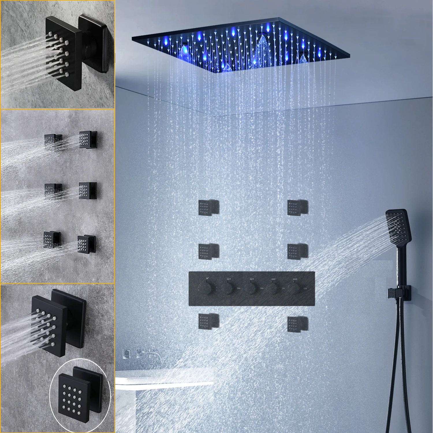 

Black 20 Inch Rainfall LED Shower Head Panel Faucet Set Constant Temperature Valve Mixer Diverter Massage Jets