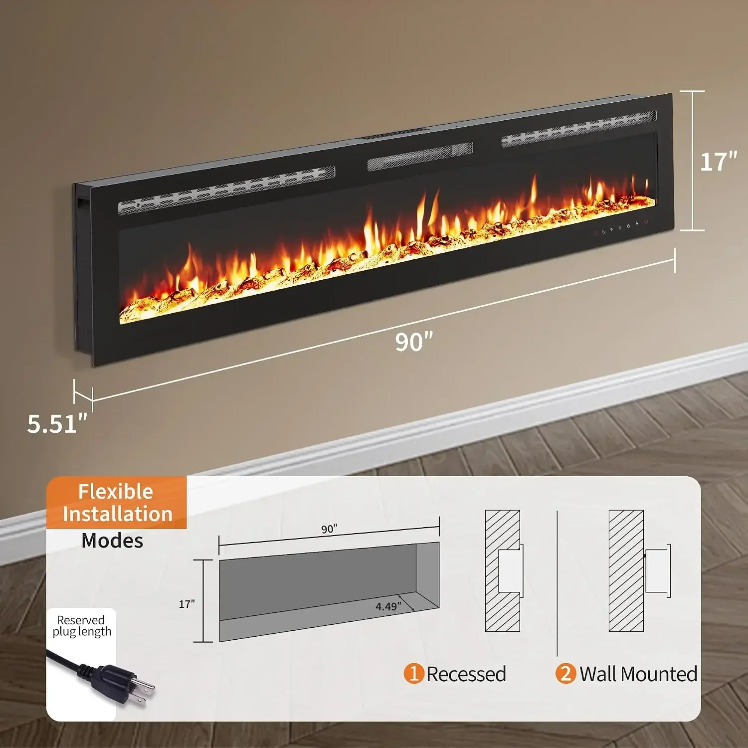 90inch Wall Mounted Electric Fireplace Heater 12 Flame Colors Large Living Space Design  Fireplace Realistic Log And Crystal Effects, 750W/1500W Heat, Remote Control, Timer, Slim Profile