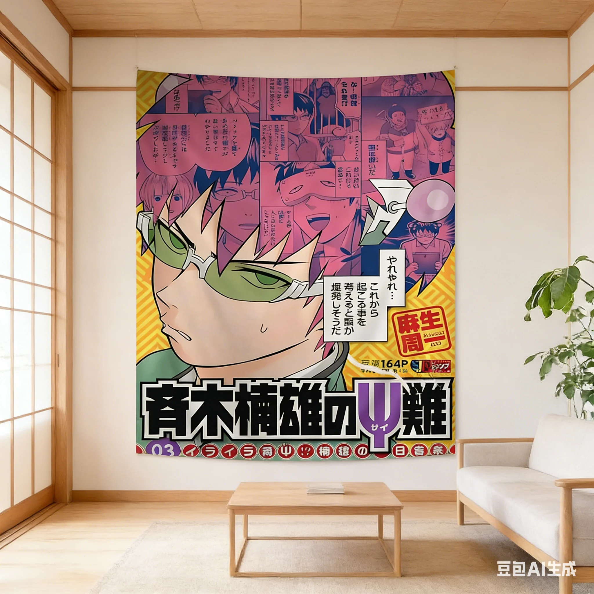 1pc Manga Style Saiki K Tapestry, Japanese Anime Collage Print, Polyester 2D Wall Art, Aesthetic Backdrop for Bedroom Dorm, Otak