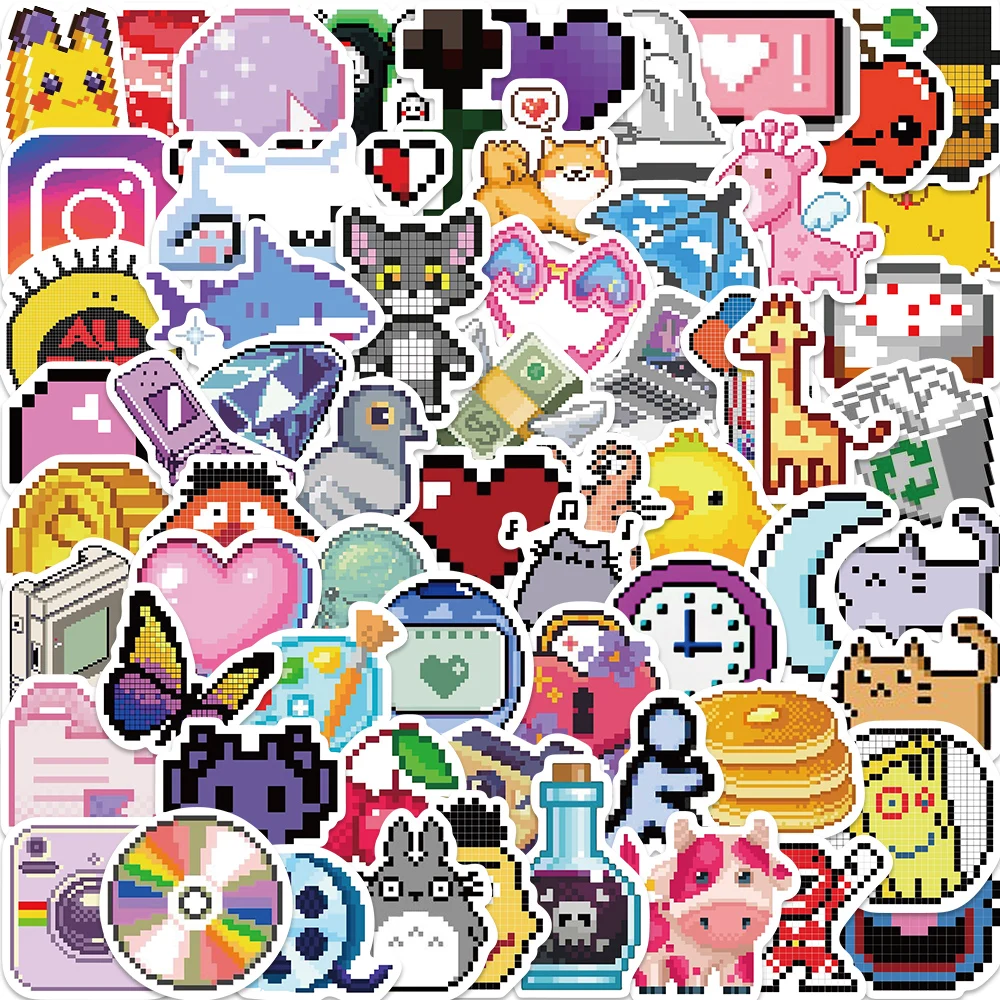 64pcs INS Style Cute Pink Pixel Cartoon Stickers DIY Bike Travel Luggage Laptop Graffiti Waterproof Sticker Kid Toy Decal