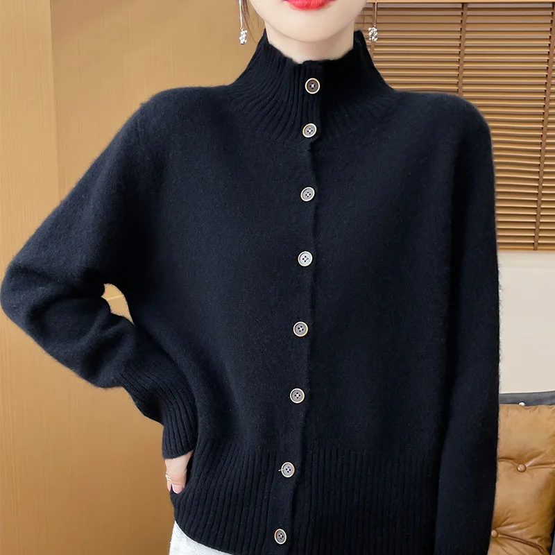 2024 autumn and winter new women's stand collar 100% pure wool fashionable casual versatile cardigan