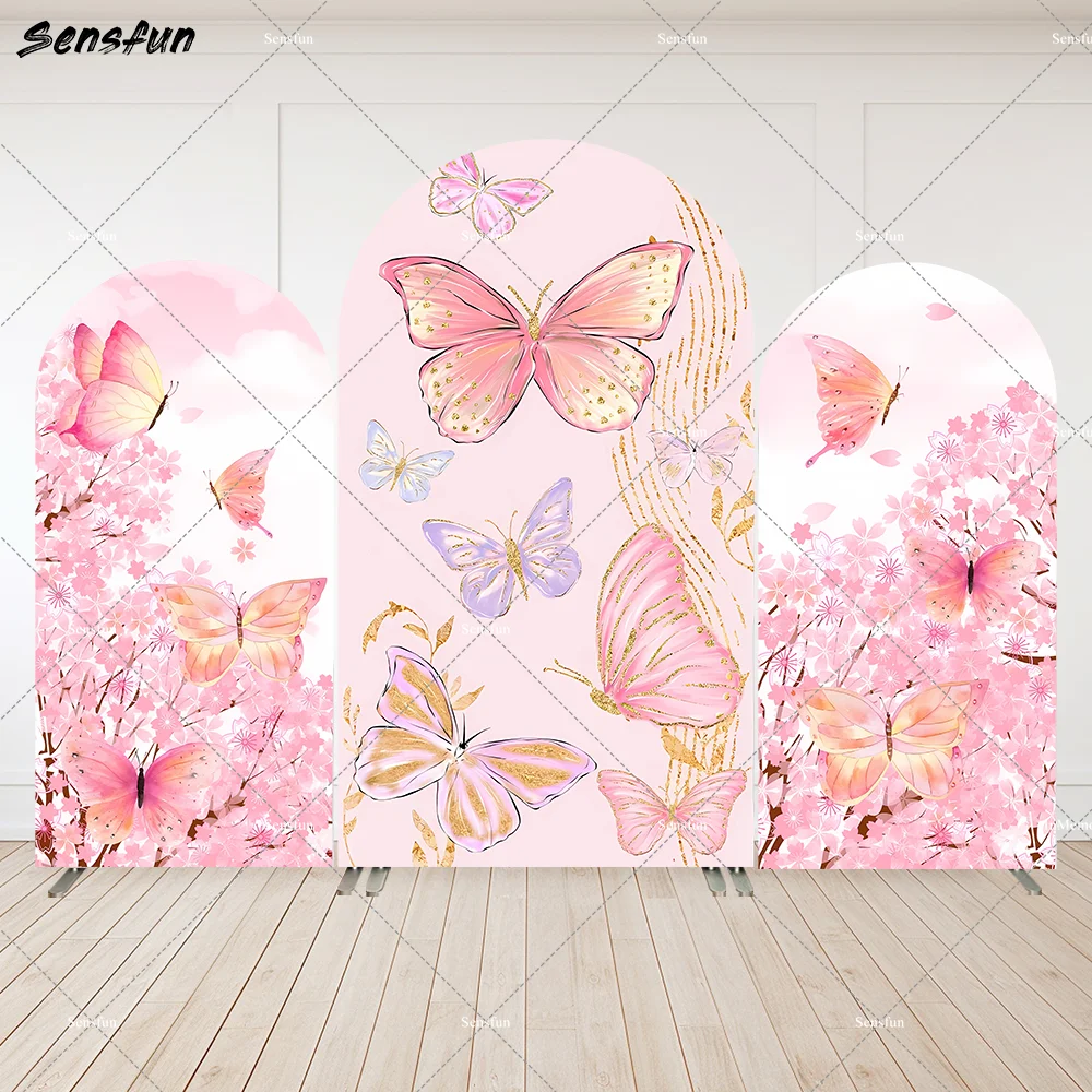 

Customize Butterfly Baby Shower Arched Backdrop Cover Pink Cherry Blossom Background Photography Girls Birthday Party Banner