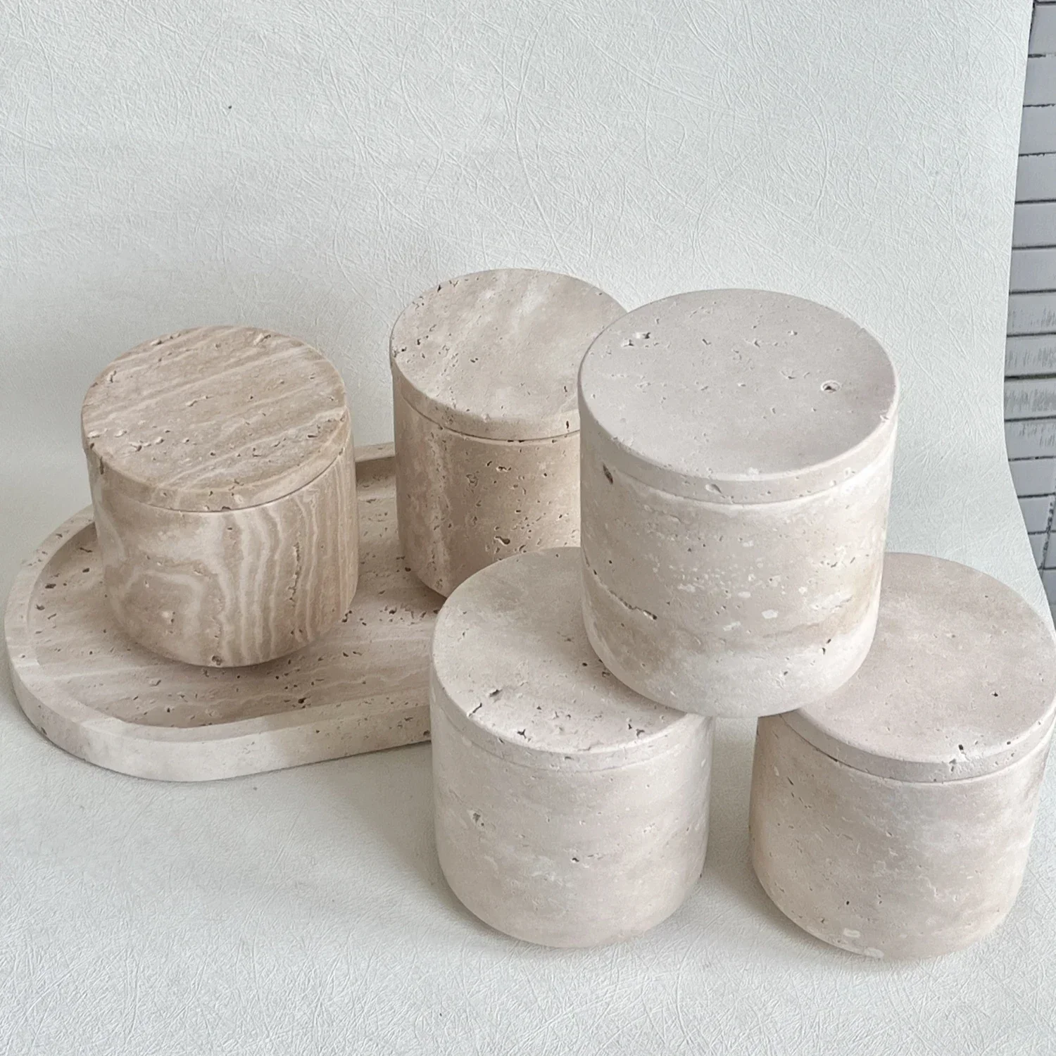 Wabi-sabi Beige Travertine Natural Marble Stone Sundries Storage Tank Candle Jars with lid bathroom accessory Home decoration