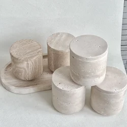 Wabi-sabi Beige Travertine Natural Marble Stone Sundries Storage Tank Candle Jars with lid bathroom accessory Home decoration