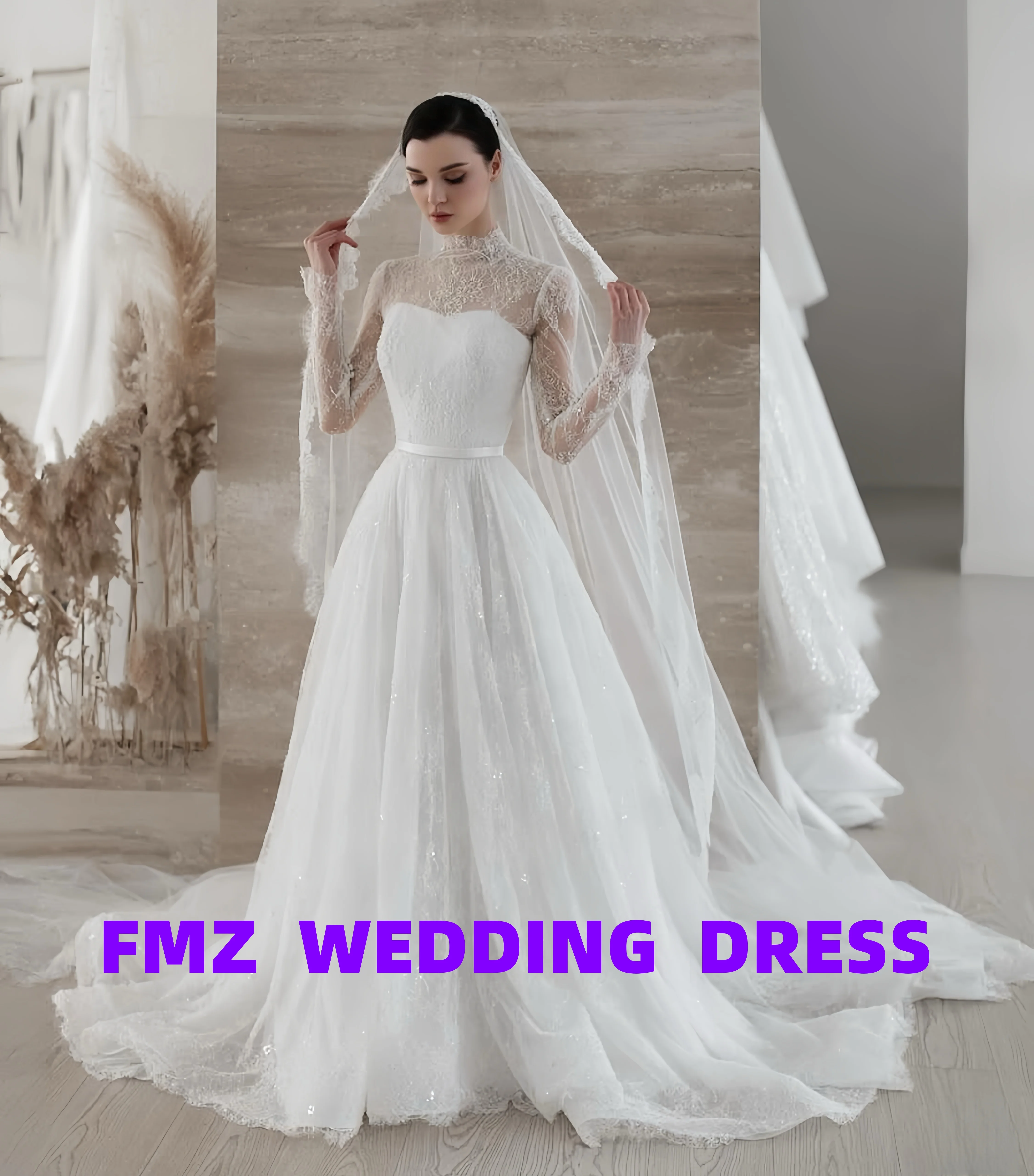 Personalizado cuello alto de manga larga A-LINE encaje elegante vestidos de novia vestido de novia vestidos para mujer bata de mariee