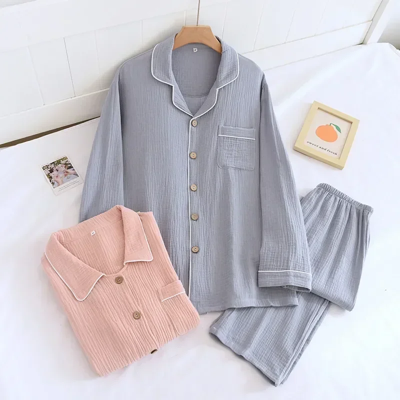 

Breathable Casual Cotton Pajamas Women Pijama Men Sets Soft Solid Sleeve Mujer Lovers Long Fresh Crepe Autumn Pyjamas