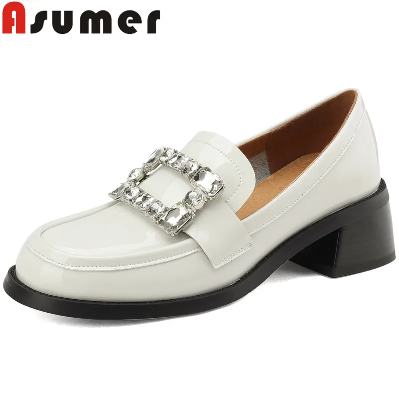 

ASUMER 2024 New Patent Leather Loafers Shoes Woman Ladies Square Med Heels Dress Pumps Rhinestone Slip On Platform Shoes