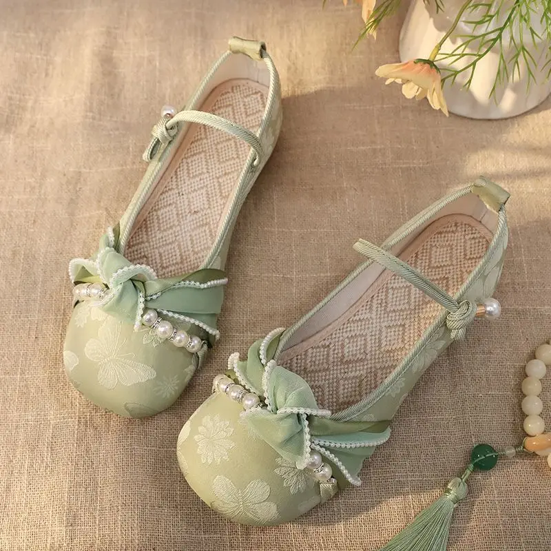 

Green Chinese Style Mary Jane Shoes Women Round Toe Satin Pearl Bow Flat Shoes Casual Vintage Shoes Non-slip Comfortable Loafers