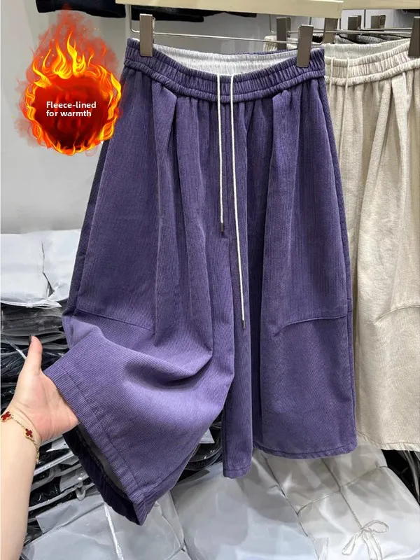 

Женские модные осенне-зимние брюки из вельвета с эластичным поясом, на флисовой подкладке, широкие, укороченные, однотонные, больших размеров