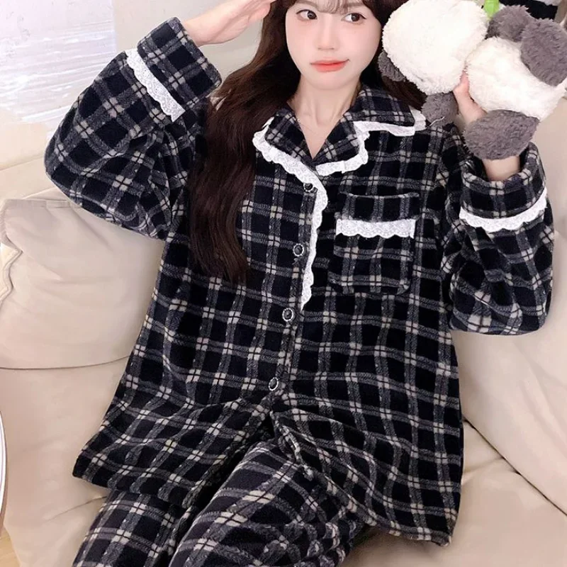 ชุดนอนสตรีฤดูใบไม้ร่วงฤดูหนาวหนาชุด Homewear แขนยาวฤดูใบไม้ผลิใหม่ Coral ขนแกะ Flannel สามารถสวมใส่นอกชุดนอน