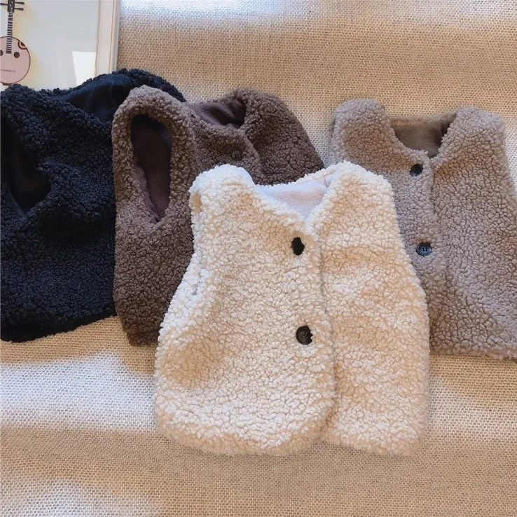 

Autumn Winter Baby Lamb Wool Plus Velvet Waistcoat Girls Boys Plush Vest Single Breasted V Neck Child Warm Fashion Warm Coat