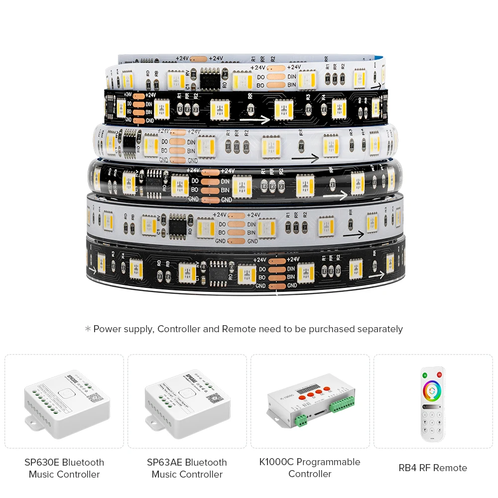 WS2805 SPI RGBCCT Pixel Led Strip 4Pin 60Leds/m IP30 IP65 IP67 Wodoodporna adresowalna inteligentna dioda LED Strip Black White PCB 24V